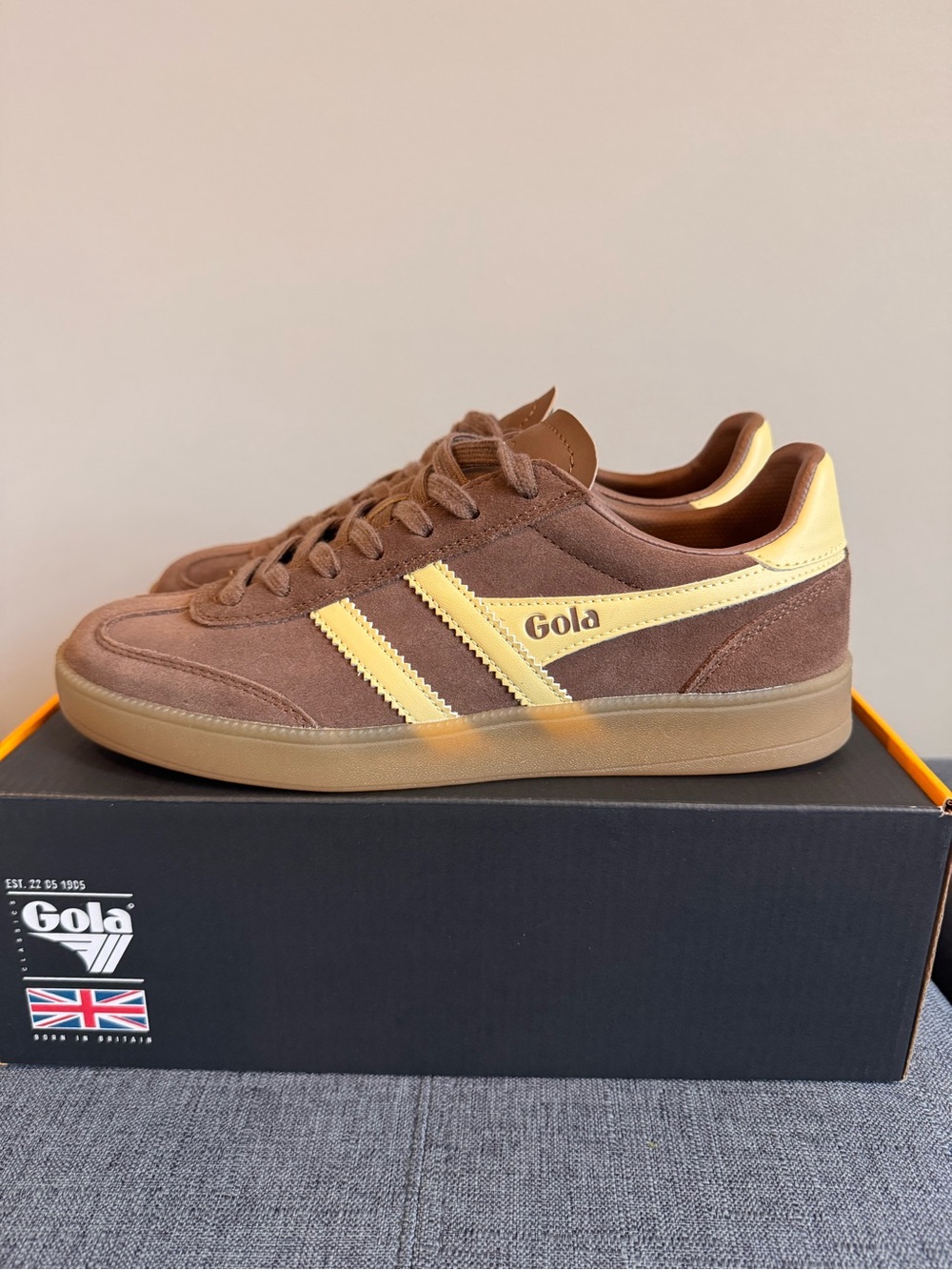 Gola Viper Brown Suede Sneakers with Yellow Stripes
